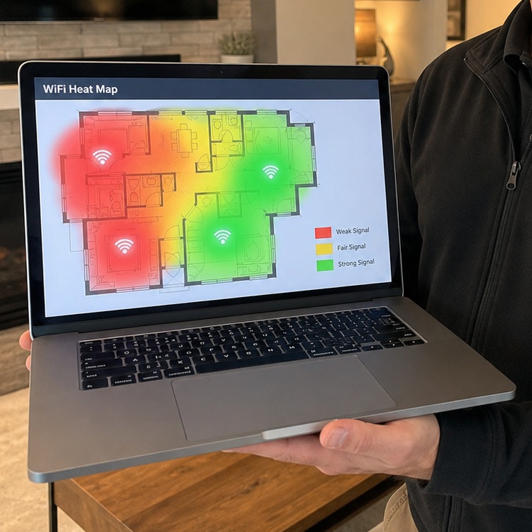 Odborná WiFi diagnostika – technik meria pokrytie signálu v dome